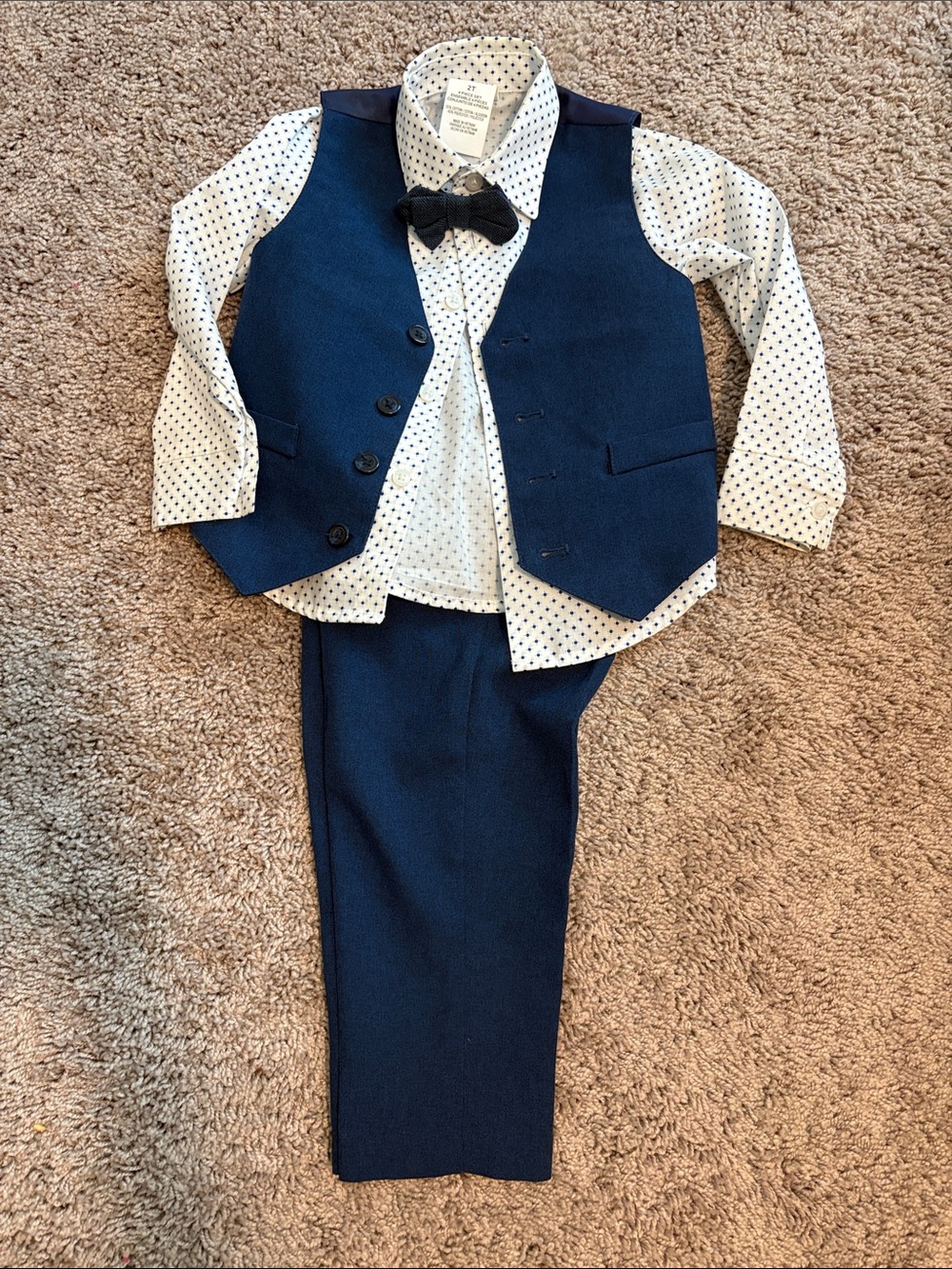 Kids Van Heusen Navy Blue Vest, Pants & Polka Dot Shirt Set with Black Bow Tie